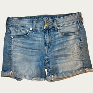 American Eagle Outfitters Blue Distressed Stretch Denim Shorts Pockets Size 4‎